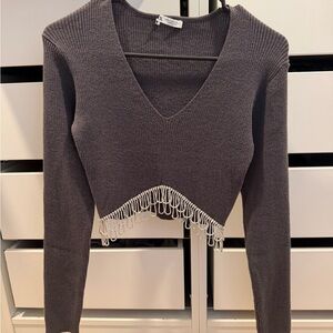 Zara Navy V-Neck Sweater with Beaded Fringe